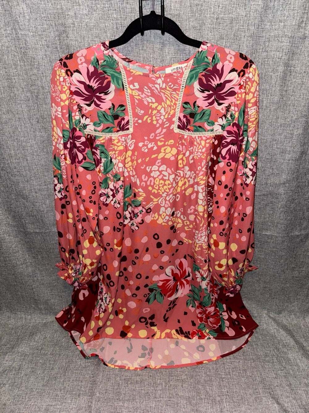 Umgee Women's Mixed Floral and Animal Print Boho Tunic Dress with Crochet Trim